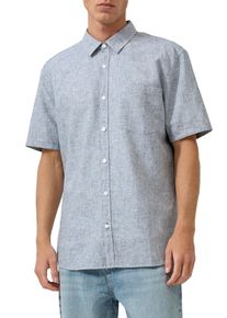 Kurzarmhemd QS, Damen, Gr. XXL, N-Gr, blau melange, Web, Obermaterial: 55% Leinen, 45% Baumwolle, unifarben, normal h&uuml;ftbedeckend, Rundhals, Hemden Kurzarmhemd, aus Leinenmischung