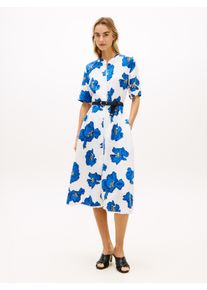 Midikleid Tommy Hilfiger "FRAYED VIS/LINEN SHORT SLEEVE SHIRT DRESS", Damen, Gr. XS (34), N-Gr, poppy print spaced ivory, blau orbit, Web, Obermaterial: 53% Leinen, 47% Viskose, gemustert, gerade Midi, Rundhals, Kleider Midikleid, Leinen-Mix, mit seitlichen Eingrifftaschen