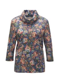 Print-Shirt GOLDNER "Kurzgr&ouml;&szlig;e Modernes Druckshirt mit angesagtem Rollkragen", Damen, Gr. 25, blau (marine, ahorn, gemustert), Obermaterial: 90% Polyester PES. 10% Schurwolle WV., Rollkragen, Tubular, Shirts Print-Shirt, Leuchtender, farbenfroher Allover-Druck