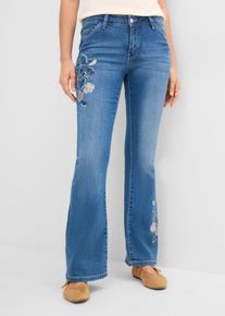 bonprix Flared Jeans Mid Waist Stretch, blau, Gr.50, Sch&ouml;ne Schlagjeans mit verspielter Blumenstickerei, 82% Baumwolle