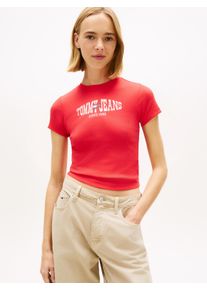 Kurzarmshirt Tommy Jeans "TJW SLIM SHORT WAVY FLAG SS TEE", Damen, Gr. XS (34), rot alert, Feinripp, Obermaterial: 95% Baumwolle, 5% Elasthan, bedruckt, unifarben, slim fit taillenbedeckt, Rundhals, Shirts Kurzarmshirt, mit Logoprint