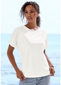 T-Shirt Lascana "mit Strasssteinen", Damen, Gr. 40/42, creme, Single Jersey, Obermaterial: 50% Baumwolle, 50% Viskose (LENZING&trade; ECOVERO&trade;), Glitzermuster, l&auml;ssig geschnitten normal, Rundhals, angeschnitten abgesteppte Kante, Shirts T-Shirt, aus angenehmer Baumwoll-Viskose-Qualit&auml;t