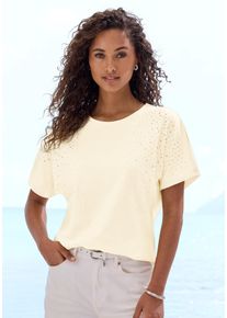 T-Shirt Lascana "mit Strasssteinen", Damen, Gr. 48/50, gelb, Single Jersey, Obermaterial: 50% Baumwolle, 50% Viskose (LENZING&trade; ECOVERO&trade;), Glitzermuster, l&auml;ssig geschnitten normal, Rundhals, angeschnitten abgesteppte Kante, Shirts T-Shirt, aus angenehmer Baumwoll-Viskose-Qualit&auml;t