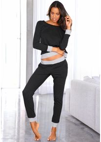 Pyjama Vivance Dreams, Damen, Gr. 40/42, schwarz (schwarz, gepunktet), Single Jersey, Obermaterial: 98% Baumwolle, 2% Polyester, unifarben, Basic, Basic lang, Rundhals, B&uuml;ndchen, Homewear-Sets Pyjama, mit P&uuml;nktchen- und Streifenmuster