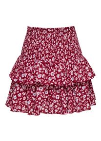 Minirock Only "ONLZOEY LAYRED SKIRT WVN NOOS", Damen, Gr. XL, syrah aop:zoey flower, Web, Obermaterial: 100% Baumwolle, bedruckt, kurz, R&ouml;cke Minirock, Baumwolle, gesmoktes Taillenb&uuml;ndchen, Volant
