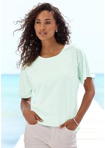 T-Shirt Lascana "mit Strasssteinen", Damen, Gr. 48/50, mint, Single Jersey, Obermaterial: 50% Baumwolle, 50% Viskose (LENZING&trade; ECOVERO&trade;), Glitzermuster, l&auml;ssig geschnitten normal, Rundhals, angeschnitten abgesteppte Kante, Shirts T-Shirt, aus angenehmer Baumwoll-Viskose-Qualit&auml;t