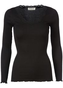 Langarmshirt rosemunde "Babette Silk Blouse mit Seide", Damen, Gr. M, schwarz, Feinripp, Obermaterial: 70% Seide, 30% Baumwolle, clean, unifarben, schmal h&uuml;ftbedeckend, Rundhals, gewellter Abschluss, Shirts Langarmshirt, Langarm, mit Spitze, feminin, bequem, eng, Seidenmix