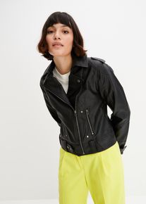 bonprix Biker-Jacke, schwarz, Gr.36, L&auml;ssige Jacke aus Lederimitat mit Innenfutter im Leomuster, aus Lederimitat,Viskose