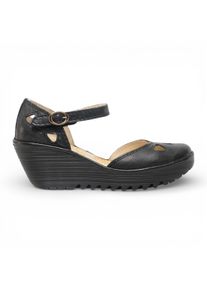 Fly London Damen-Keilsandalen &bdquo;Yuna&ldquo; aus schwarzem Leder
