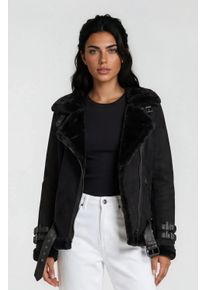 Lederjacke Trueprodigy "Aloy Lederjacke mit Kunstfellbesatz", Damen, Gr. XS, schwarz, Obermaterial: 100% Ziegenleder goatskin., slim fit, Jacken Lederjacke