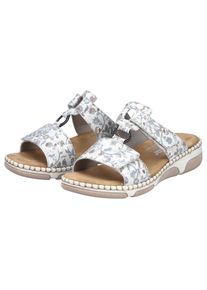 Pantolette Rieker, Damen, Gr. 41, hellgrau multi, Lederimitat, gebl&uuml;mt, metallic, Schuhe Pantolette, Sommerschuh, Urlaubsschuh, Strandschuh mit floralem Muster