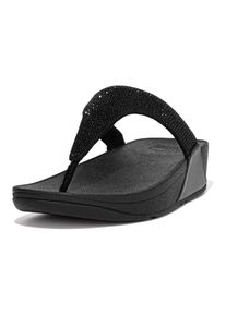 Dianette fitflop "LULU CRYSTAL EMBELLISHED TOE-POST SANDALS - HOTFIX", Herren, Gr. 39, schwarz, Textil, Glitzer, Schuhe Dianette, Keilabsatz, Sommerschuh, Zehentrenner mit weichem Zehensteg