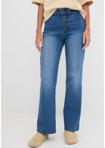 Straight-Jeans bonprix "Straight-Jeans High Waist, Stretch", Damen, Gr. 40, N-Gr, blau (blau denim used), Denim/Jeans, Obermaterial: 82% Baumwolle, 17% Polyester, 1% Elasthan, unifarben, regular fit lang, Jeans Straight-Jeans, Regular Fit, mit Elasthan-Anteil, mit 5-Knopf-Form