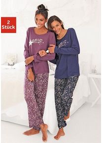 Pyjama Vivance Dreams, Damen, Gr. 56/58, bunt (bordeaux, marine), Single Jersey, Obermaterial: 100% Baumwolle, gemustert, lang, Homewear-Sets Pyjama, mit Sternenprint