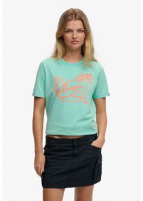 Print-Shirt Superdry "ROADSIDE TRADE RELAXED TEE", Damen, Gr. XL, rich turquoise, Single Jersey, Obermaterial: 100% Baumwolle, bedruckt, relaxed fit normal, Rundhals, Shirts Print-Shirt
