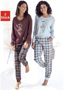 Pyjama Vivance Dreams, Damen, Gr. 44/46, bunt (bordeaux, kariert, kariert, hellblau), Single Jersey, Obermaterial: 100% Baumwolle. Unterteil: 100% Baumwolle, Basic, Basic lang, Rundhals, Rippb&uuml;ndchen, Homewear-Sets Pyjama, mit Frontdruck, Topseller