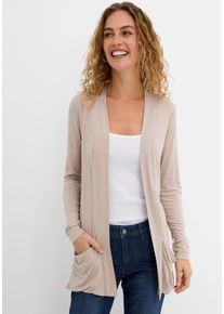 Shirtjacke bonprix, Damen, Gr. 44/46 (L), naturstein, Jersey, Obermaterial: 95% Viskose, 5% Elasthan, unifarben, figurumspielend Po-bedeckend, V-Ausschnitt, Shirts Shirtjacke, figurumspielende Passform, Viskosemischung, ohne Verschluss