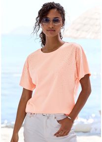 T-Shirt Lascana "mit Strasssteinen", Damen, Gr. 44/46, peach, Single Jersey, Obermaterial: 50% Baumwolle, 50% Viskose (LENZING&trade; ECOVERO&trade;), Glitzermuster, l&auml;ssig geschnitten normal, Rundhals, angeschnitten abgesteppte Kante, Shirts T-Shirt, aus angenehmer Baumwoll-Viskose-Qualit&auml;t