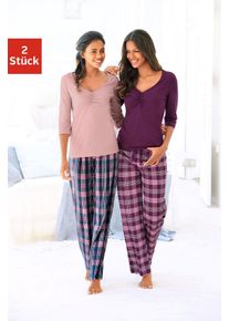 Pyjama Vivance Dreams, Damen, Gr. 36/38, bunt (rosa, kariert, bordeaux, kariert), Single Jersey, Obermaterial: 100% Baumwolle, gemustert, unifarben, Basic, lang, Homewear-Sets Pyjama, mit karierter Hose, Topseller