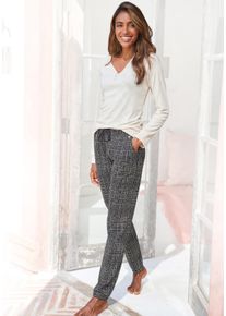 Pyjama Lascana, Damen, Gr. 40/42, schwarz (nude, schwarz, kariert), Single Jersey, Obermaterial: 63% Polyester, 33% Viskose, 4% Elasthan. Unterteil: 50% Baumwolle, 50% Viskose, kariert, unifarben, Basic, bequem lang, Rundhals, B&uuml;ndchen, Homewear-Sets Pyjama, mit geripptem Langarmshirt