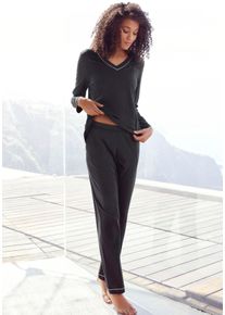 Pyjama Vivance Dreams, Damen, Gr. 36/38, schwarz, Single Jersey, Obermaterial: 50% Baumwolle, 50% Modal, unifarben, Basic, bequem lang, V-Ausschnitt, eingesetzt, Homewear-Sets Pyjama, mit Kontrastpaspel-Details