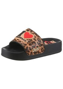 Pantolette Buffalo, Damen, Gr. 42, braun, schwarz, Lederimitat, Schuhe Pantolette, Sommerschuh, Schlappen zum Schlupfen, in Leooptik