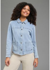 Jeansjacke Kangaroos, Damen, Gr. 38, blau washed, Denim/Jeans, Obermaterial: 72% Baumwolle, 26% Polyester, 2% Elasthan, unifarben, comfort fit h&uuml;ftlang, &Auml;rmel mit &Auml;rmelschlitz 1-Knopf-Manschette, Jacken Jeansjacke, modischer Stil, normaler Kragen, aufgesetzte Taschen, Comfort Fit