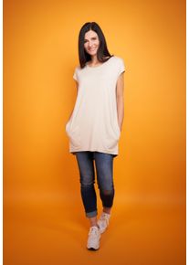 Longshirt Seidel Moden, Damen, Gr. 34, beige, Jersey, Obermaterial: 95% Viskose, 5% Elasthan, unifarben, normal h&uuml;ftbedeckend, Rundhals, angeschnitten eingefasste Kante, Shirts Longshirt, MADE IN GERMANY
