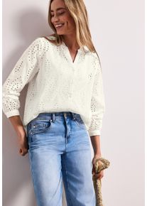 Langarmbluse Street One, Damen, Gr. 40, sanftes wei&szlig;, Web, Obermaterial: 100% Baumwolle, unifarben, l&auml;ssig geschnitten h&uuml;ftbedeckend, Rundhals, 1-Knopf-Manschette mit Kn&ouml;pfen, Blusen Langarmbluse, Sommerbluse mit Split Neck und R&uuml;schen-Details