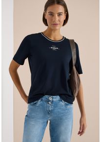 Rundhalsshirt Cecil, Damen, Gr. XL (44), universal blau, Jersey, Obermaterial: 50% Baumwolle, 50% Modal, bestickt, normal h&uuml;ftbedeckend, Rundhals, abgesteppte Kante, Shirts Rundhalsshirt, Sommershirt mit Rippdetails