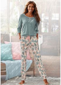 Pyjama Lascana, Damen, Gr. 44/46, jadegr&uuml;n, bedruckt, Single Jersey, Obermaterial: 100% Baumwolle, bedruckt, Basic lang, Rundhals, eingesetzt,mit Aufschlag,mit Riegel, Homewear-Sets Pyjama, mit gemusterter Hose, Topseller