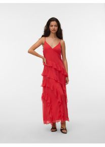 V&eacute;ro Moda Tr&auml;gerkleid VERO MODA "VMSMILLA S/L V-NECK LONG FRILL DRESS WVN", Damen, Gr. L, N-Gr, poinsettia, Web, Obermaterial: 100% Polyester, unifarben, lang, V-Ausschnitt, Kleider Tr&auml;gerkleid, Kunstfaser
