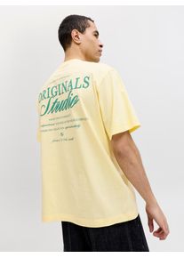 Jack & Jones Kurzarmshirt JACK & JONES "JORNORREBRO TYPO TEE SS CREW NECK NOOS", Damen, Gr. XS, pastel gelb print:ss 26, Jersey, Obermaterial: 100% Baumwolle, bedruckt, relaxed fit normal, Rundhals, Shirts Kurzarmshirt, Baumwolle, relaxed fit