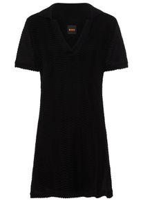 Polokleid BOSS Orange "Eloa Premium Damenmode", Damen, Gr. XS, N-Gr, schwarz 001, Strick, Obermaterial: 70% Baumwolle, 30% Polyester, unifarben, regular fit kniefrei, V-Ausschnitt, H&auml;kelkante, Kleider Polokleid, H&auml;kelkleid in kniefreier L&auml;nge