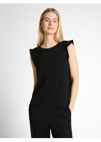 Rundhalsshirt Tom Tailor Denim, Damen, Gr. XL, deep schwarz, Crash, Obermaterial: 98% Polyester, 2% Elasthan, unifarben, normal h&uuml;ftbedeckend, Rundhals, mit &Auml;rmelbesatz R&uuml;schen, Shirts Rundhalsshirt, Sommershirt mit