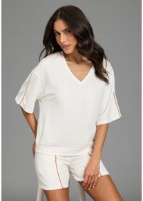 Sweater Laura Scott, Damen, Gr. 40/42, wei&szlig;, Sweatware, Obermaterial: 60% Baumwolle, 40% Polyester. B&uuml;ndchen: 95% Baumwolle, 5% Elasthan, unifarben mit Farbeinsatz, bequem h&uuml;ftlang, V-Ausschnitt, weit, Sweatshirts Sweater, casual Stil, mit V-Ausschnitt, mit Farbeinsatz, halbarm