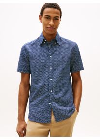 Kurzarmhemd Tommy Hilfiger "LINEN BLEND PRINT", Damen, Gr. XL, N-Gr, carbon navy, allover, Web, Obermaterial: 52% Baumwolle, 48% Leinen, regular fit normal, Hemden Kurzarmhemd, regular fit