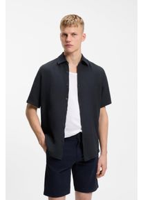 Kurzarmhemd BOSS Orange "Rash Premium Herrenmode", Damen, Gr. L, N-Gr, dunkelblau404, Web, Obermaterial: 100% Leinen, unifarben, regular fit h&uuml;ftbedeckend, abgesteppte Kante, Hemden Kurzarmhemd, aus reinem Leinen, regular fit