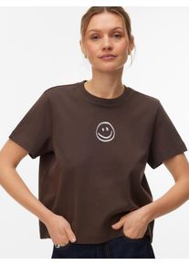 V&eacute;ro Moda Kurzarmshirt VERO MODA "VMSARA METTE SS TOP BOX JRS GA NOOS", Damen, Gr. XS, chocolate braun print:1 smile hellwei&szlig;, Jersey, Obermaterial: 100% Baumwolle, bedruckt, regular fit normal, Rundhals, Shirts Kurzarmshirt, Baumwolle, regular fit