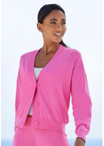 Strickjacke Lascana, Damen, Gr. 32/34, pink, Obermaterial: 50% Viskose, 28% Polyester, 22% Nylon, unifarben, Basic, bequem h&uuml;ftlang, Rippb&uuml;ndchen, Strickjacken Strickjacke, in kurzer Form, Loungewear
