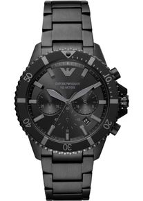 Die Emporio Armani Herrenuhr ist das perfekte Geschenk, um sich selbst oder einen geliebten Menschen zu verw&ouml;hnen. Das runde Geh&auml;use aus Edelstahl wird von einem hochwertigen Quarzwerk im Chronographenstil angetrieben. Diese Taucheruhr hat einen Durchmesser von 43 mm mm. Das Armband, Edelstahl Schwarz, mit einer Faltschlie&szlig;e mit Dr&uuml;ckerverschluss macht sie zu einer angenehm zu tragenden Uhr. Bei 1
