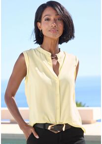 Blusentop Lascana, Damen, Gr. 46, gelb, Web, Obermaterial: 100% Viskose, unifarben, figurumspielend h&uuml;ftlang, Rundhals, mit Aufschlag, Blusen Blusentop, mit &Auml;rmelaufschlag