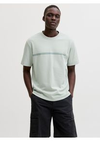 Jack & Jones Kurzarmshirt JACK & JONES "JCOFUSION CHEST BRAND TEE SS CREW SN", Damen, Gr. S, aqua gray, Jersey, Obermaterial: 58% Polyester, 42% Baumwolle, bedruckt, regular fit normal, Rundhals, Shirts Kurzarmshirt, Materialmix, regular fit