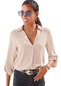 Schlupfbluse Lascana, Damen, Gr. 46, beige (champagner), Web, Obermaterial: 100% Viskose, unifarben, figurumspielend h&uuml;ftlang, V-Ausschnitt, mit Riegel gerader Abschluss, Blusen Schlupfbluse, mit 3/4-&Auml;rmeln, Damenbluse f&uuml;r den Alltag oder festliche Anl&auml;sse, Topseller