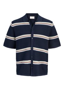 Jack & Jones Kurzarmhemd JACK & JONES "JORMAINE KNIT SS POLO CARDIGAN SN", Damen, Gr. XXL, N-Gr, sky captain stripes:sea salt, seagrass, nutmeg, cashmere blau, Strick, Obermaterial: 100% Baumwolle, gestreift, relaxed fit normal, ohne Ausschnitt, Hemden Kurzarmhemd, Gestrickt, Baumwolle, relexed fit