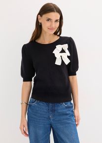 bonprix Pullover mit Schleifen-Applikation, schwarz, Gr.36/38 (S), modischer Pullover mit Puff&auml;rmeln und dekorativer Schleifen-Applikation vorne