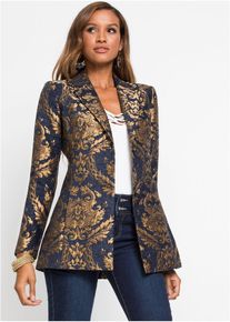 bonprix Blazer aus gl&auml;nzendem Jacquard, blau, Gr.32, Stylischer Kurz-Matntel mit figurbetonter Passform und tollen Kn&ouml;pfen