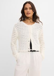 bonprix Ajour-Strickbolero, wei&szlig;, Gr.40/42 (M), H&uuml;ftlange H&auml;keljacke mit Knopfleiste vorne, 50% Baumwolle