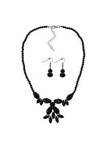 Steuer Modeschmuck Set Kette Ohrringe Messing geschw&auml;rzt Glasstein Schwarz