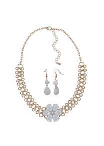 Steuer Modeschmuck Kette Ohrh&auml;nger Metall gelb gl&auml;nzend Blume Glasstein wei&szlig;